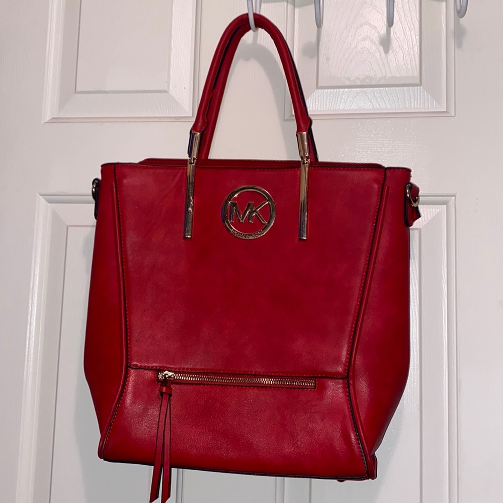 michael kors red and gold tote with floral lining